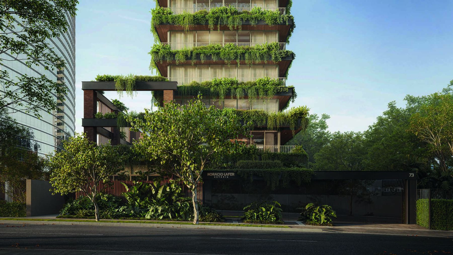 Embasamento do edifício com paisagismo